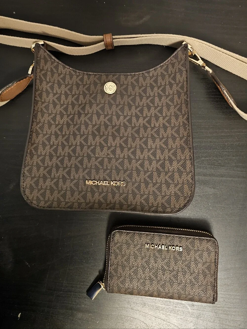 Michael Kors Brown Signature MK Monogram Crossbody with Matching Wallet